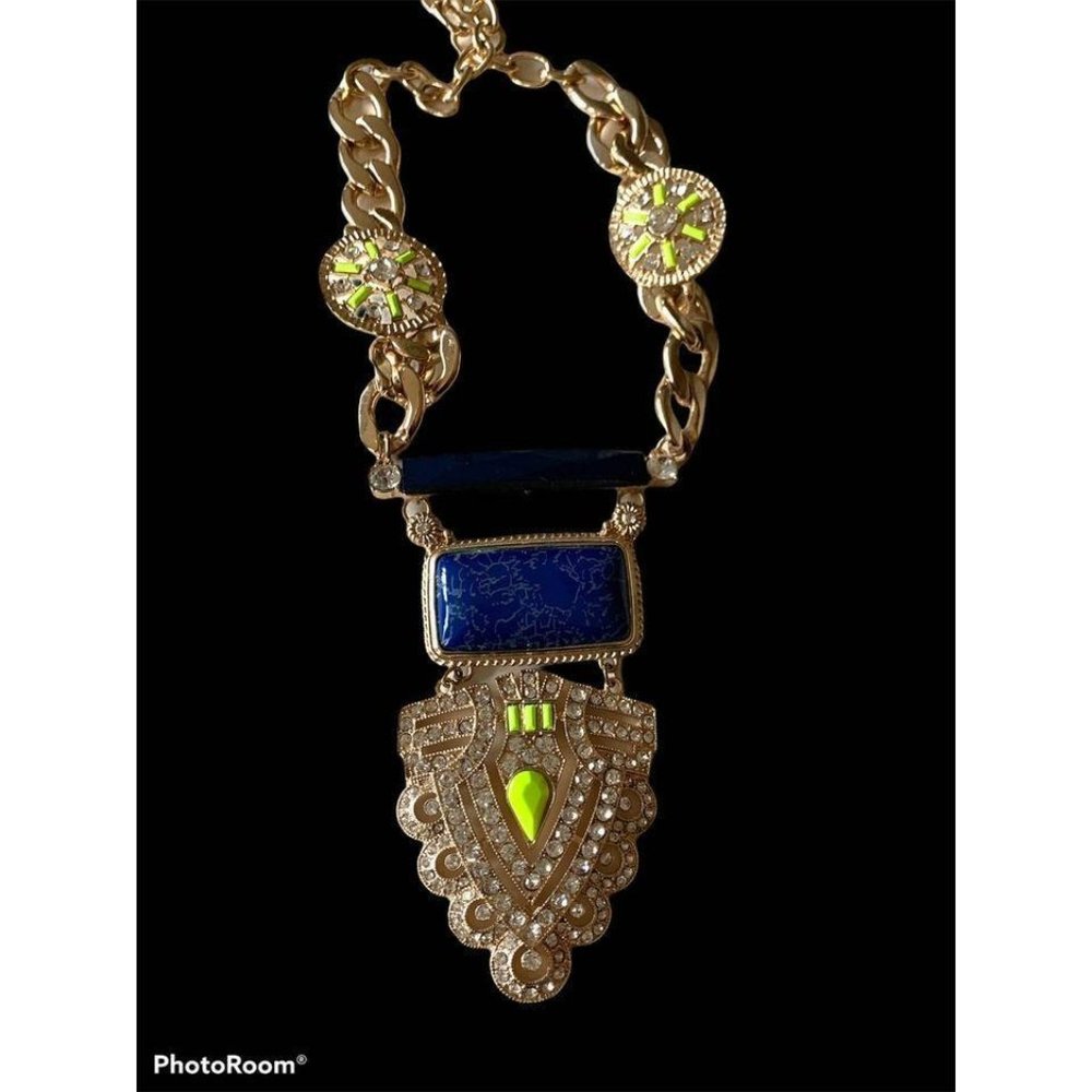 Large Pendant Fashion Statement Necklace Navy, Neon and Silver/ Gold